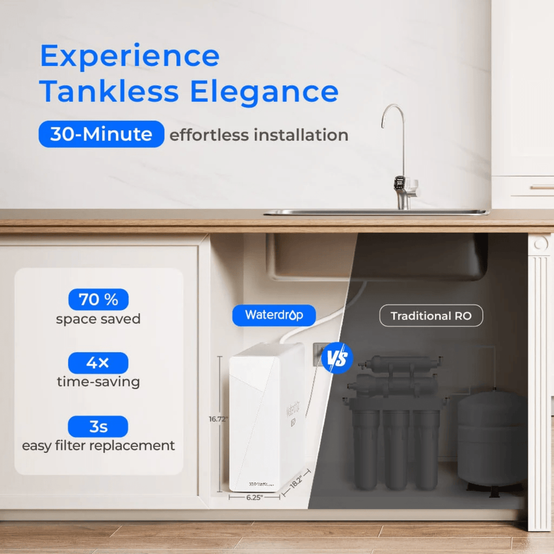 Waterdrop X Series reverse osmosis system flow tankless under-sink X10 filter installed, showing compact design and water outlet.