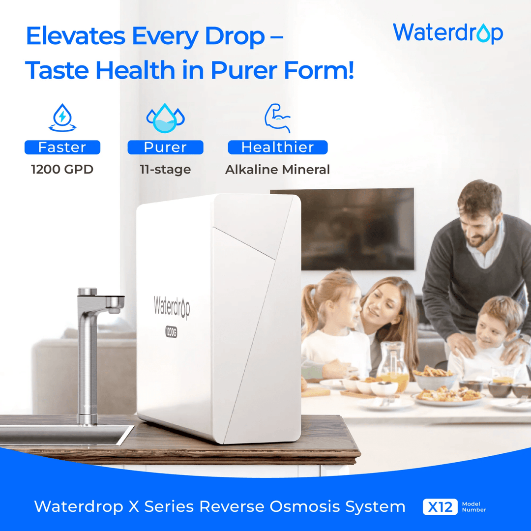 Waterdrop X Series Reverse Osmosis System X12 white under sink water filter unit showing the compact reverse osmosis system for clean drinking water.