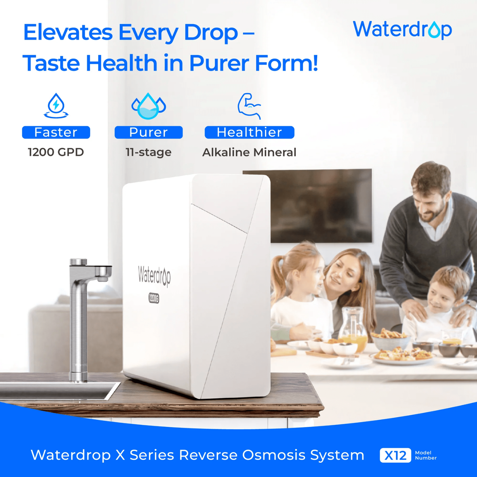 Waterdrop X Series Reverse Osmosis System X12 white under sink water filter unit showing the compact reverse osmosis system for clean drinking water.