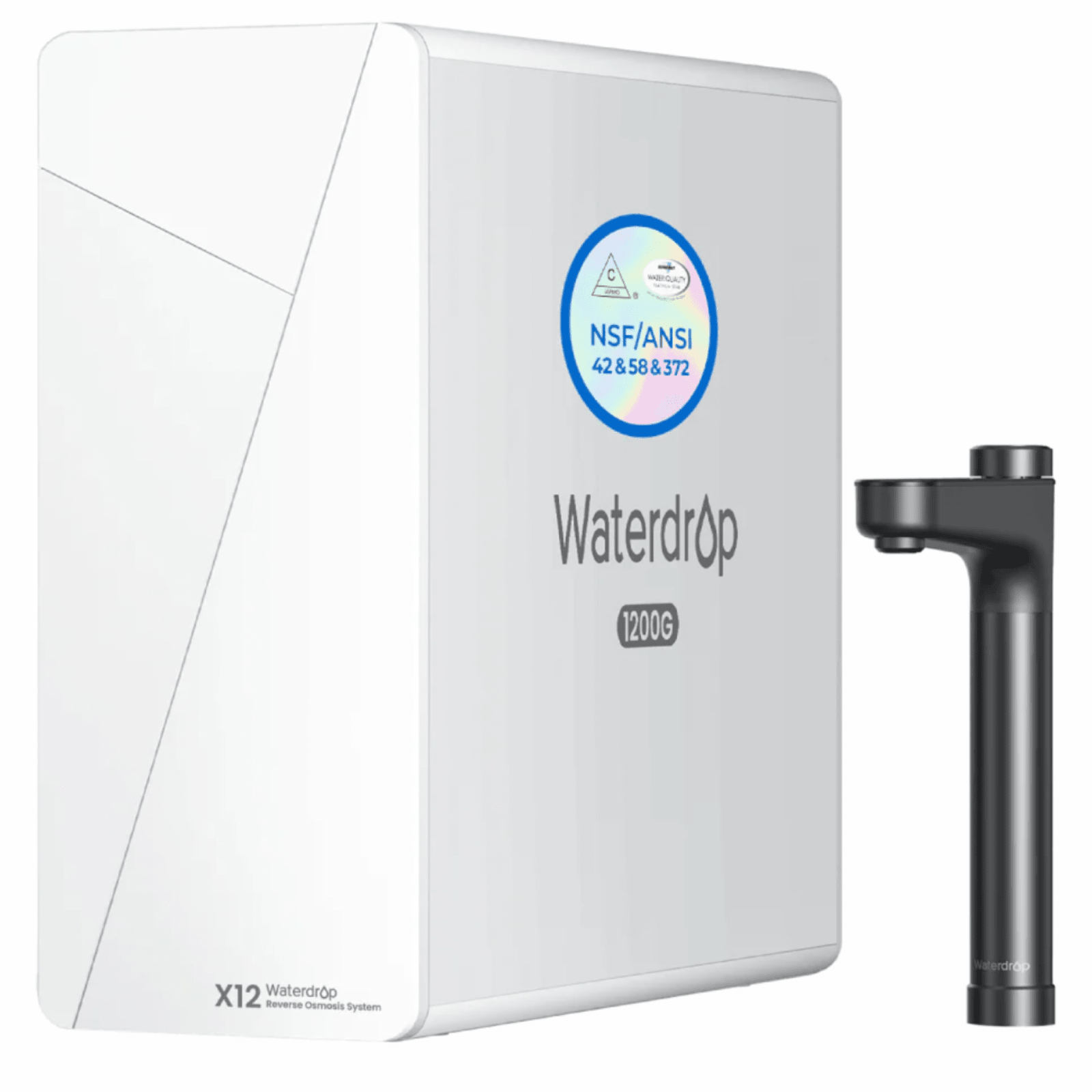 Waterdrop X Series Reverse Osmosis System X12 white under-sink water filter unit, compact and sleek for clean drinking water.