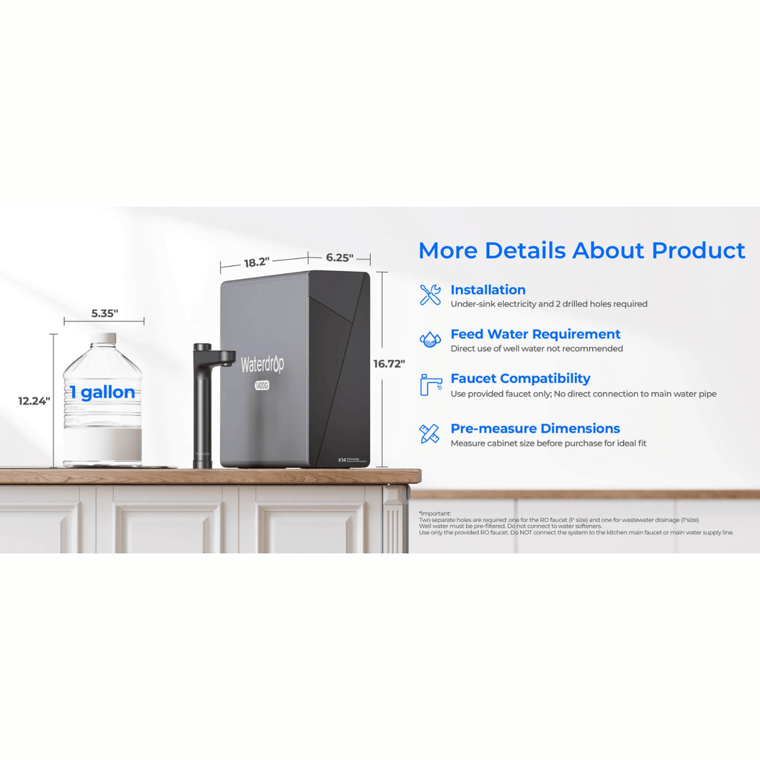 Waterdrop X Series Tankless Reverse Osmosis System X14 installed under sink, compact high-efficiency water filtration system