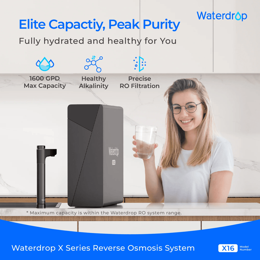 Waterdrop X Series Tankless Undersink Reverse Osmosis System X16, high-efficiency water filtration unit installed under the sink