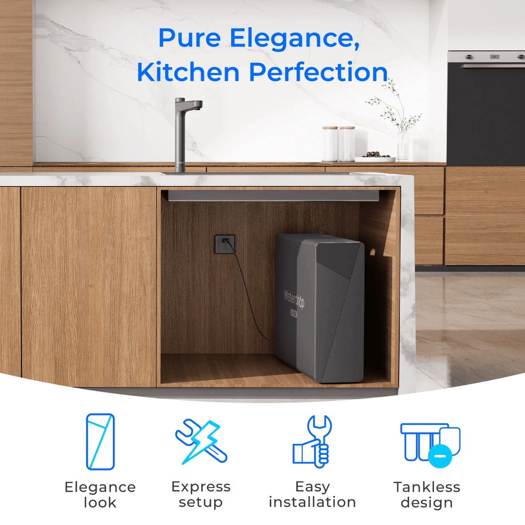 Waterdrop X Series Tankless Reverse Osmosis System X16 installed under the sink, showcasing compact design and filtration components.