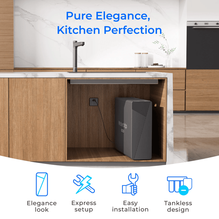 Waterdrop X Series Tankless Reverse Osmosis System X16 installed under the sink, showcasing compact design and filtration components.