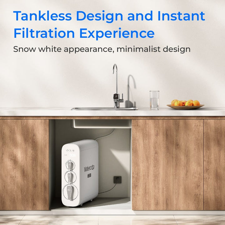 Waterdrop G3P600 reverse osmosis system with LED faucet, NSF certified, 600GPD RO water filtration system in use.