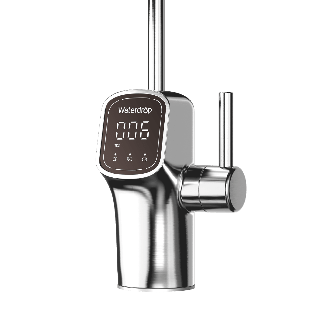 Waterdrop G3P600 reverse osmosis system with NSF certification and LED faucet, showing the compact RO system and faucet setup.
