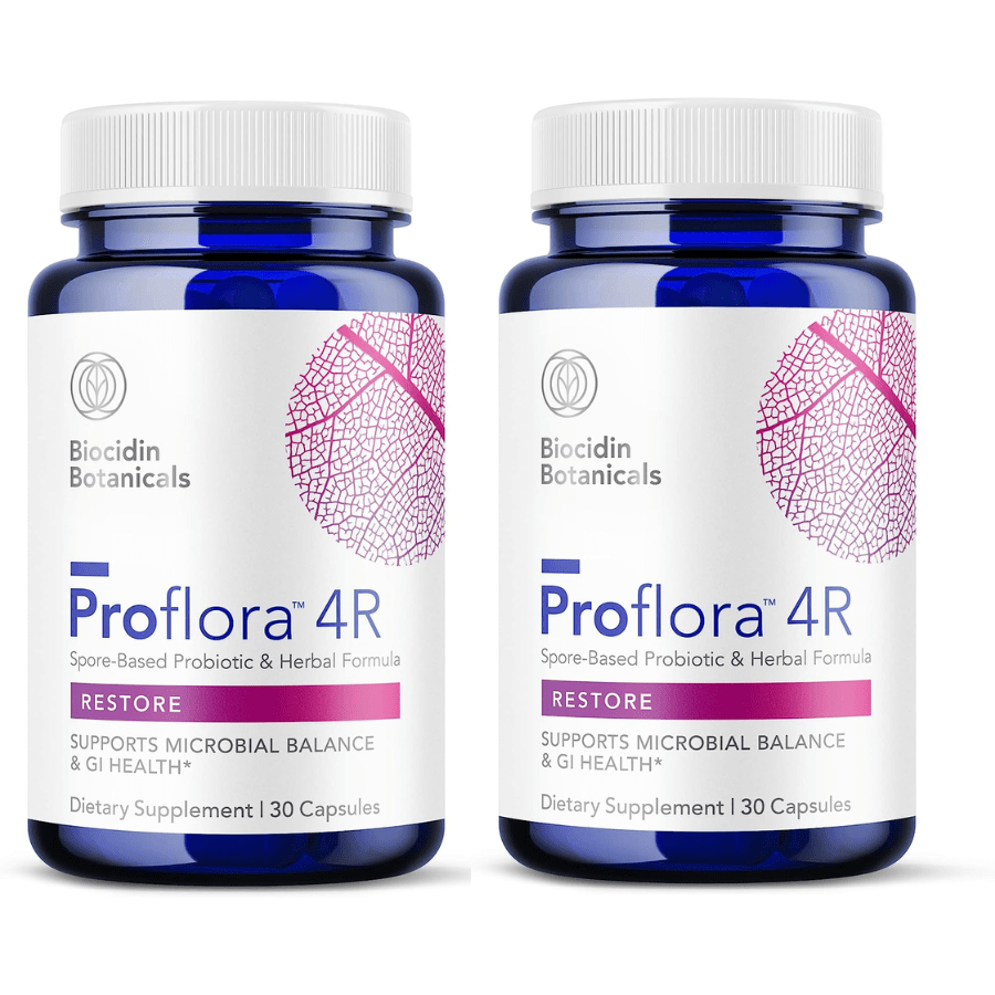 Two bottles of WebMHP Biocidin Bio-Botanical Research Proflora 4R spore-based probiotic capsules, 30 caps each, 2-pack.
