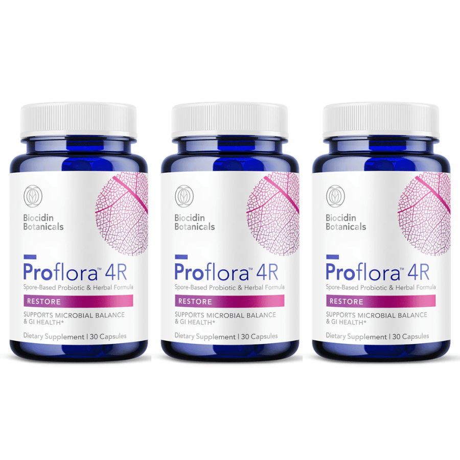 Three bottles of WEBMHP Biocidin Bio-Botanical Research Proflora 4R spore-based probiotic capsules, 30 caps each.