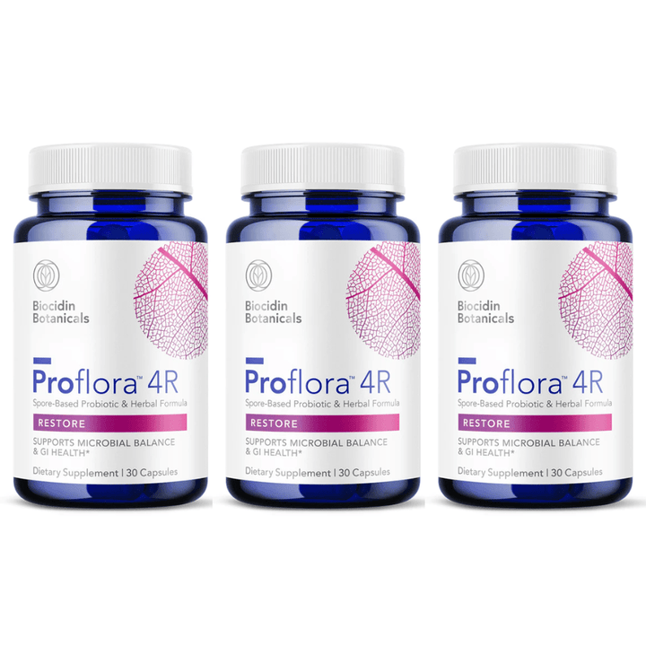 Three bottles of WEBMHP Biocidin Bio-Botanical Research Proflora 4R spore-based probiotic capsules, 30 caps each.