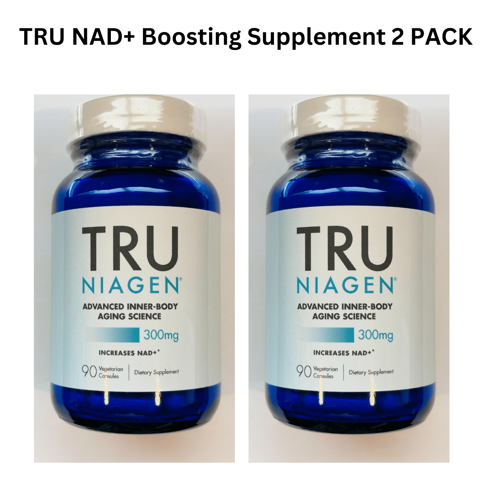 Two packs of WEBMHP Tru Niagen boosting supplement with 300mg cellular energy capsules in vegetarian caps, 90 per pack