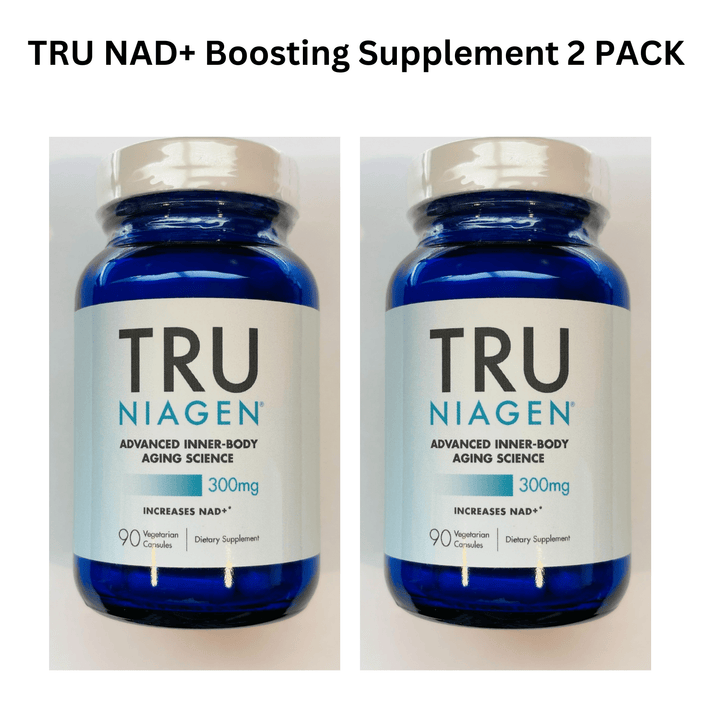 Two packs of WEBMHP Tru Niagen boosting supplement with 300mg cellular energy capsules in vegetarian caps, 90 per pack