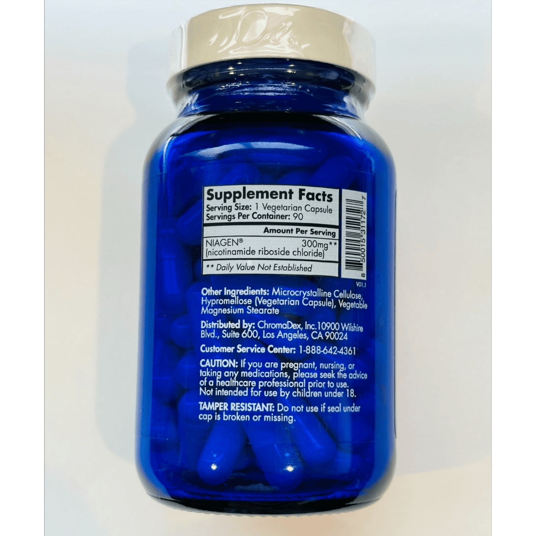 Tru Niagen boosting supplement by WEBMHP with 90 vegetarian capsules for cellular energy repair and support at 300mg.