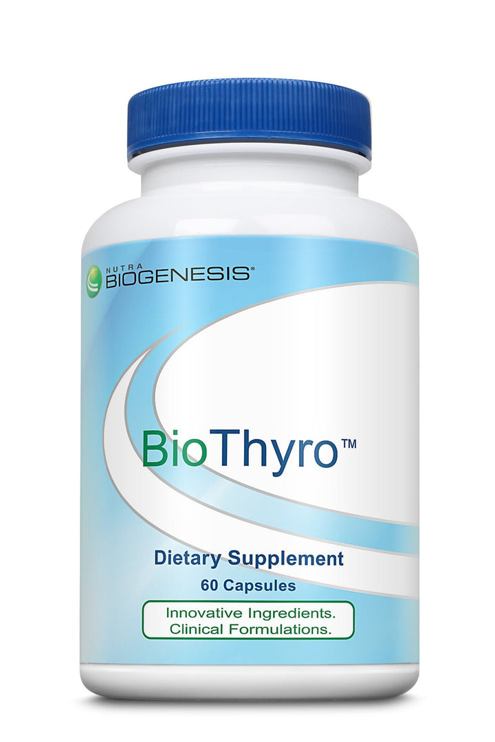 Allvia BioThyro dietary supplement bottle with 60 capsules, natural thyroid support supplement by WEBMHP.