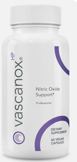 WebMHP Calroy Vascanox HP dietary supplement bottle with 60 caps, supports nitric oxide production and healthy circulation