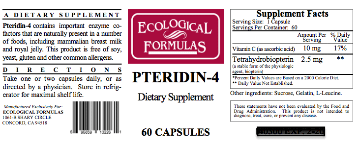 Ecological Formulas Bh4 Pteridin-4 dietary supplement capsules for energy support, in a bottle of 60 capsules by WEBMHP.