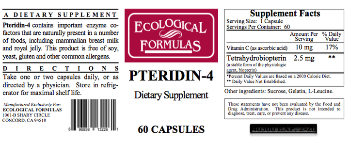 Ecological Formulas Bh4 Pteridin-4 dietary supplement capsules for energy support, in a bottle of 60 capsules by WEBMHP.
