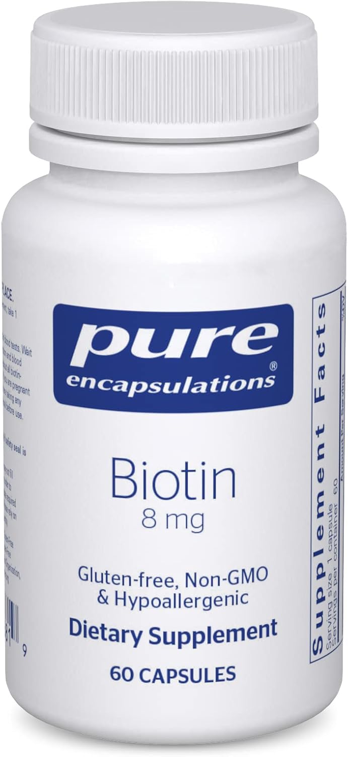 Pure Encapsulations Biotin 8 mg dietary supplement capsules for hair, skin, and nail health, supporting metabolism.