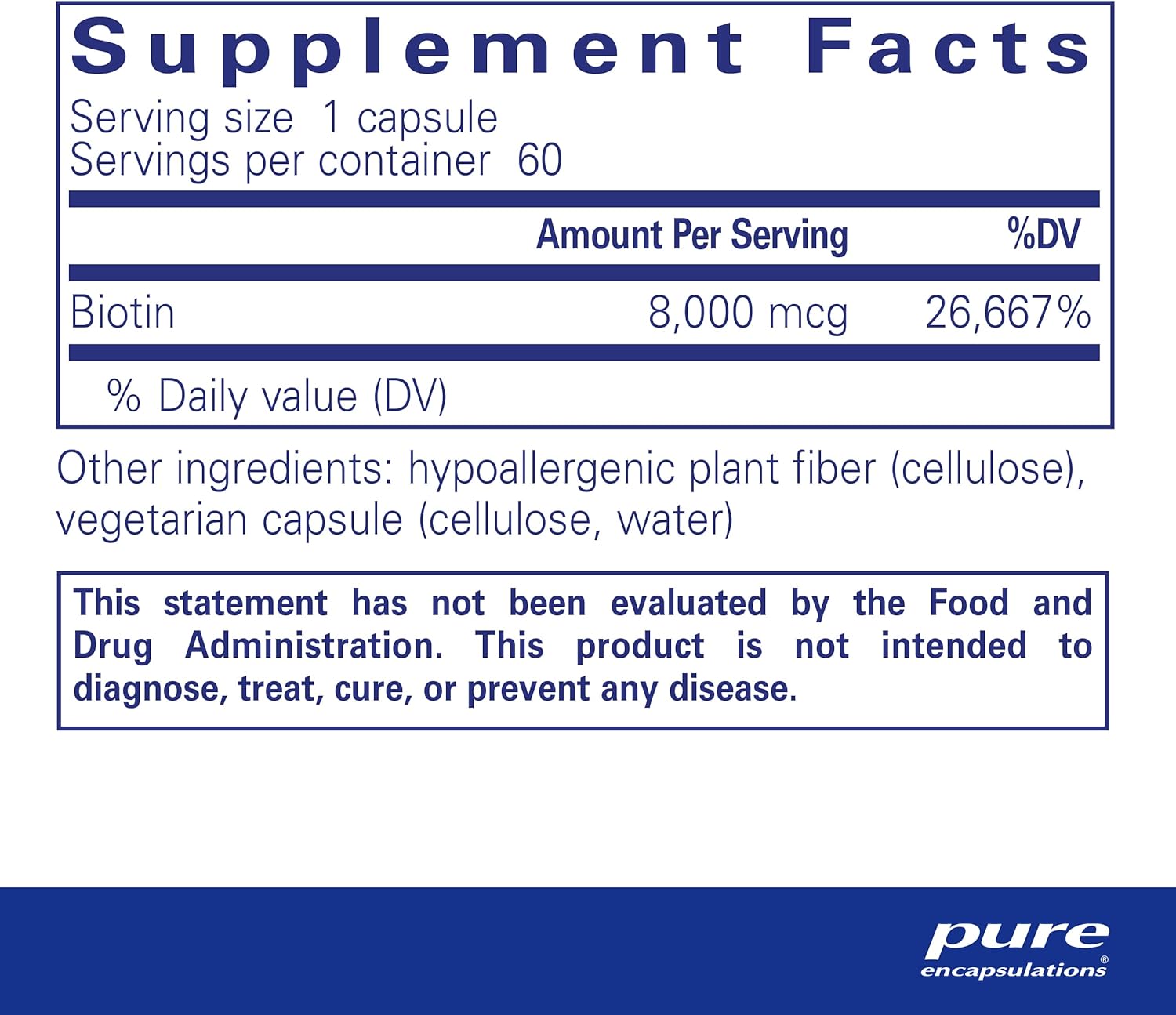Pure Encapsulations Biotin 8 mg dietary supplement capsules for hair, skin, nails, and metabolism support in a bottle of 60 capsules.