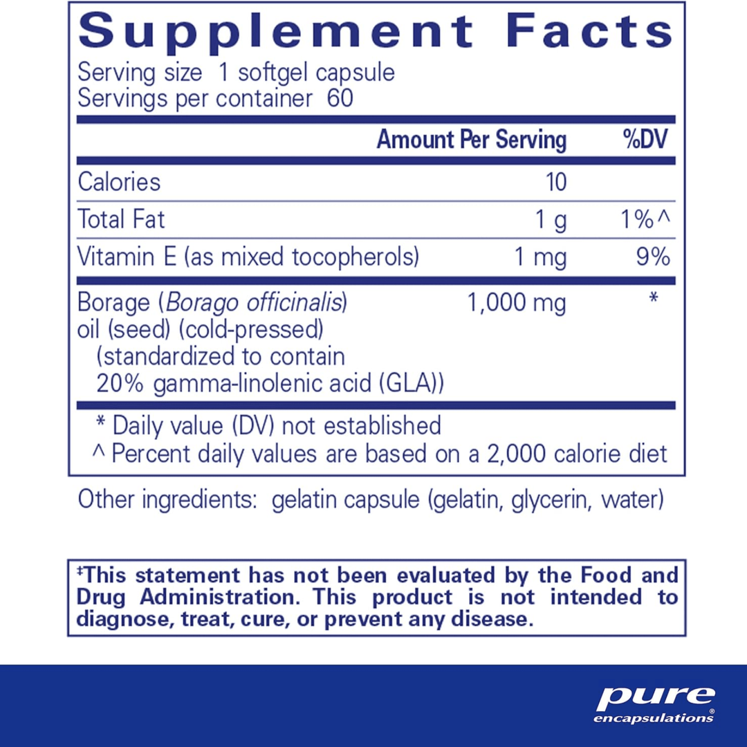 Pure Encapsulations Borage Oil Softgels Supports Skin and Joint Function 60 Caps - POWER FIT SHOP — Powering Preparedness, Health &amp; Home