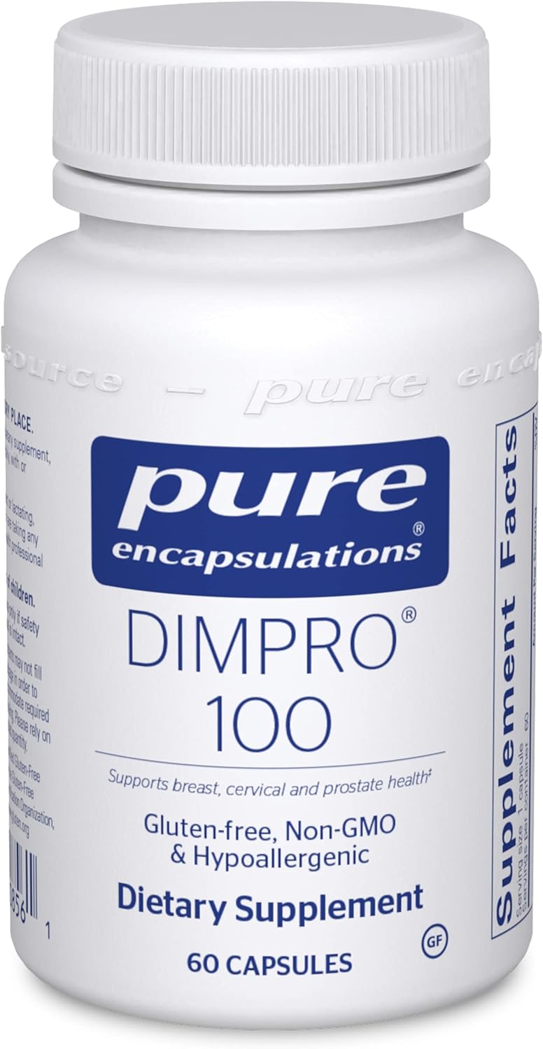 Pure Encapsulations DIMPRO 100 dietary supplement vegan capsules for cellular balance, shown in a clear bottle with 60 capsules inside.