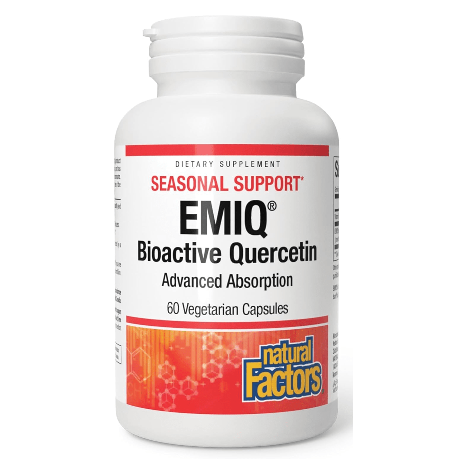 WebMHP Natural Factors Bioactive Quercetin EMIQ immune support dietary supplement softgels with vitamin C, 60 capsules in bottle.