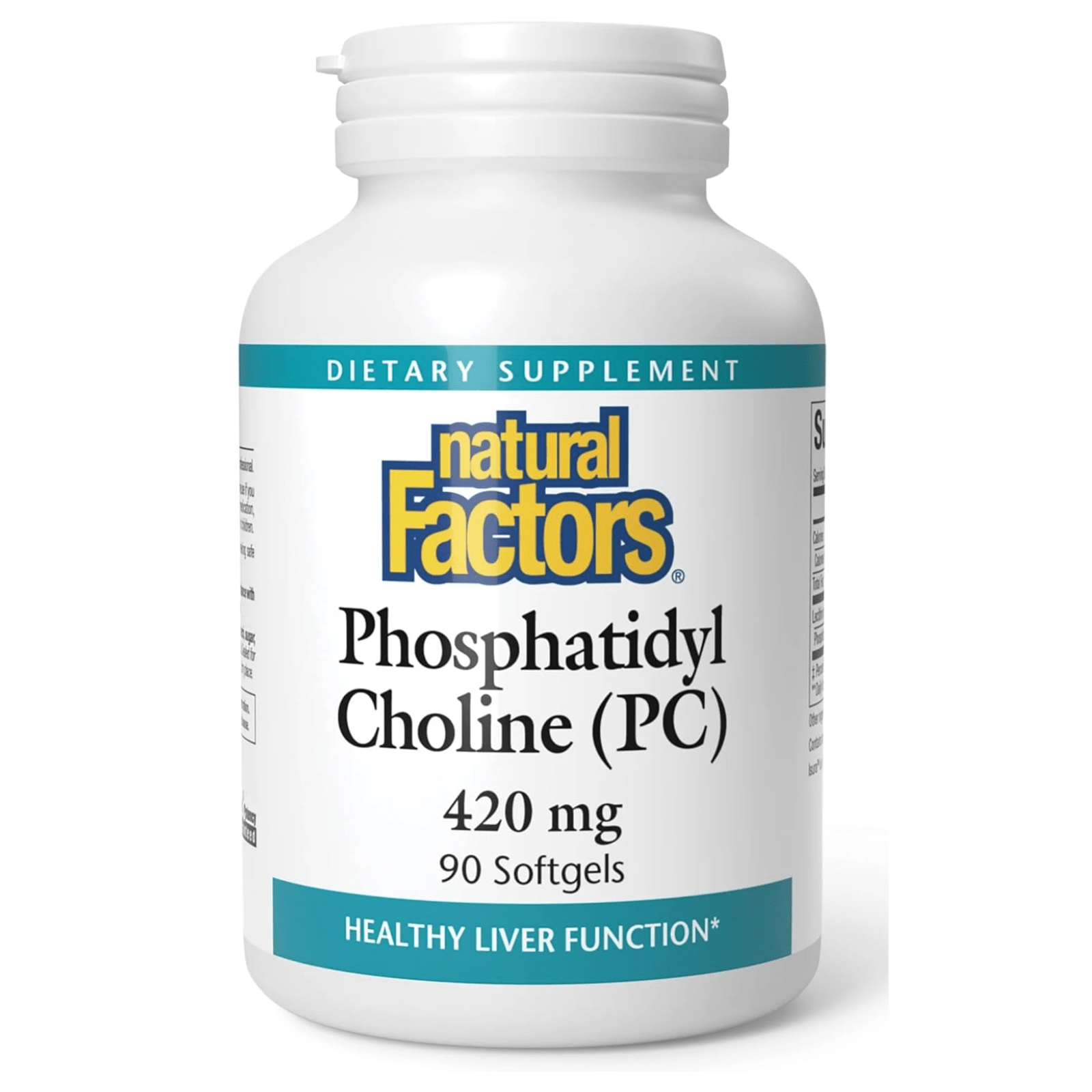 Natural Factors Phosphatidyl Choline 420 mg dietary supplement softgels for liver support, shown in a bottle of 90 softgels.