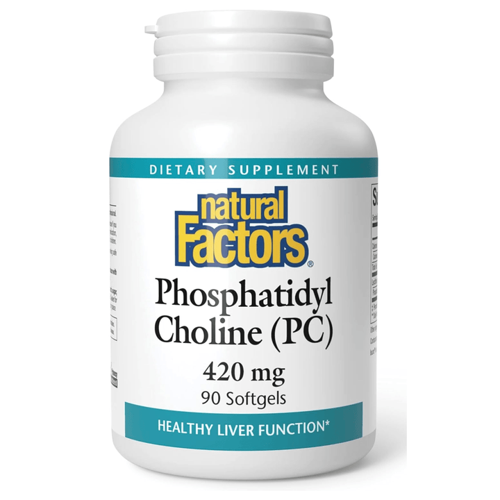 Natural Factors Phosphatidyl Choline 420 mg dietary supplement softgels for liver support, shown in a bottle of 90 softgels.
