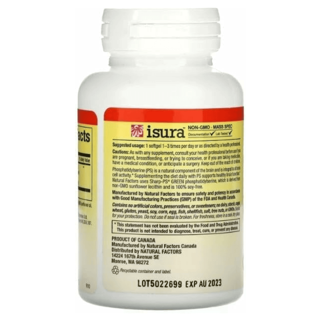 WEBMHP Natural Factors Phosphatidylserine 100mg dietary supplement softgels for brain and memory support, 30 softgels.