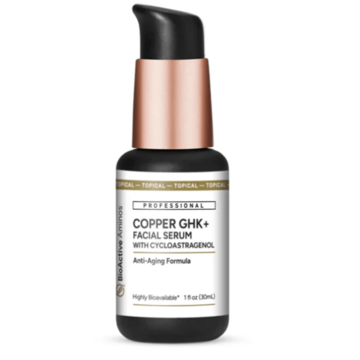 Quicksilver Scientific Copper GHK+ facial serum in a 30ml bottle, skin firming skincare product with dropper for face application