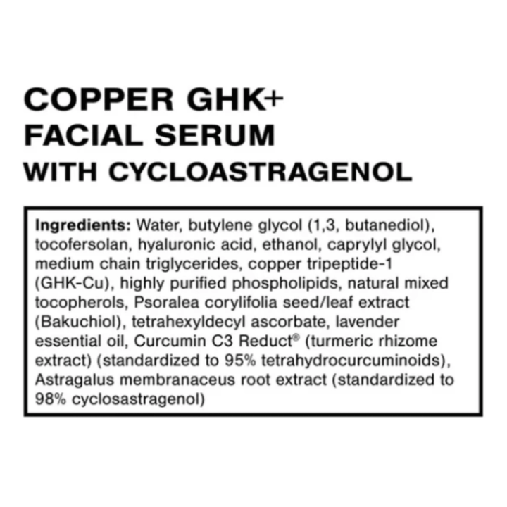Quicksilver Scientific Copper GHK+ facial serum for skin firming, 30 mL, skincare product with a sleek dropper bottle.
