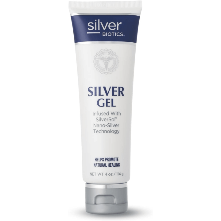 WEBMHP Silver Biotics Silver Gel 20ppm, antibacterial hydrogel silver solution in 4oz jar, used for skin care or wound healing.