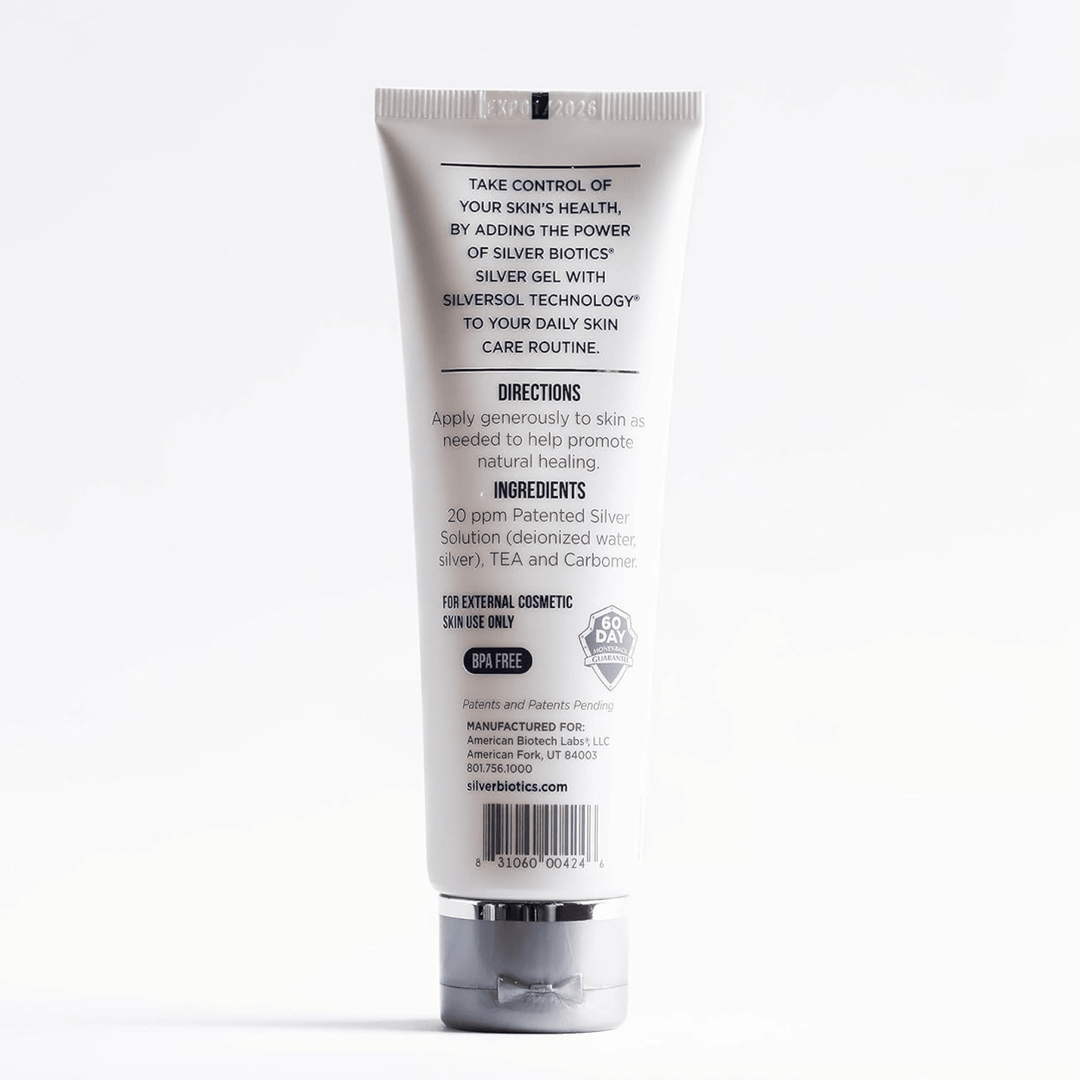 Hydrogel silver solution by WEBMHP, American Biotech Labs Silver Biotics Silver Gel 20ppm in a 4oz antibacterial gel container.