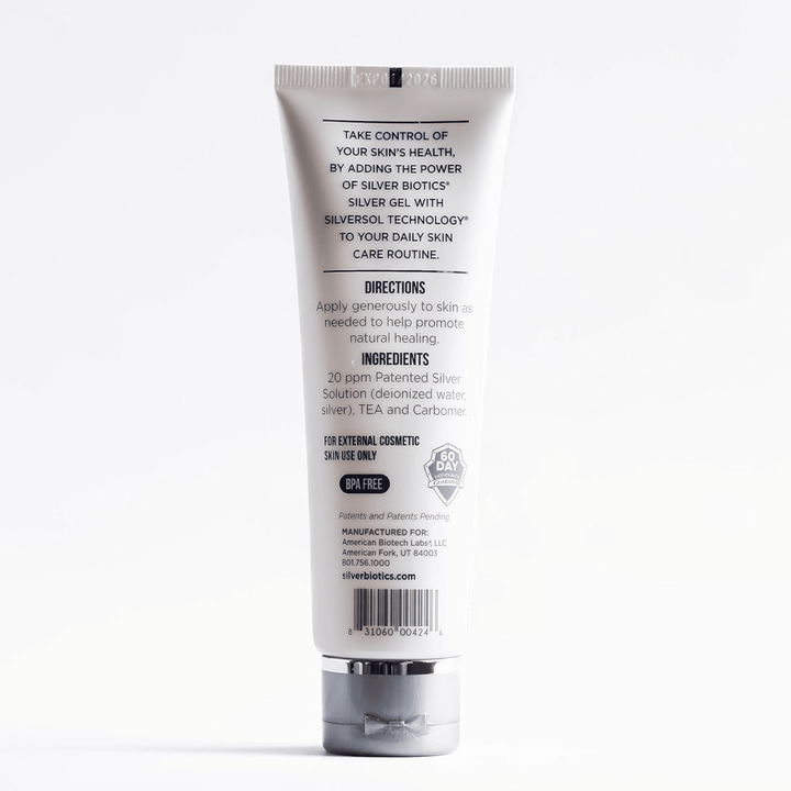Hydrogel silver solution by WEBMHP, American Biotech Labs Silver Biotics Silver Gel 20ppm in a 4oz antibacterial gel container.