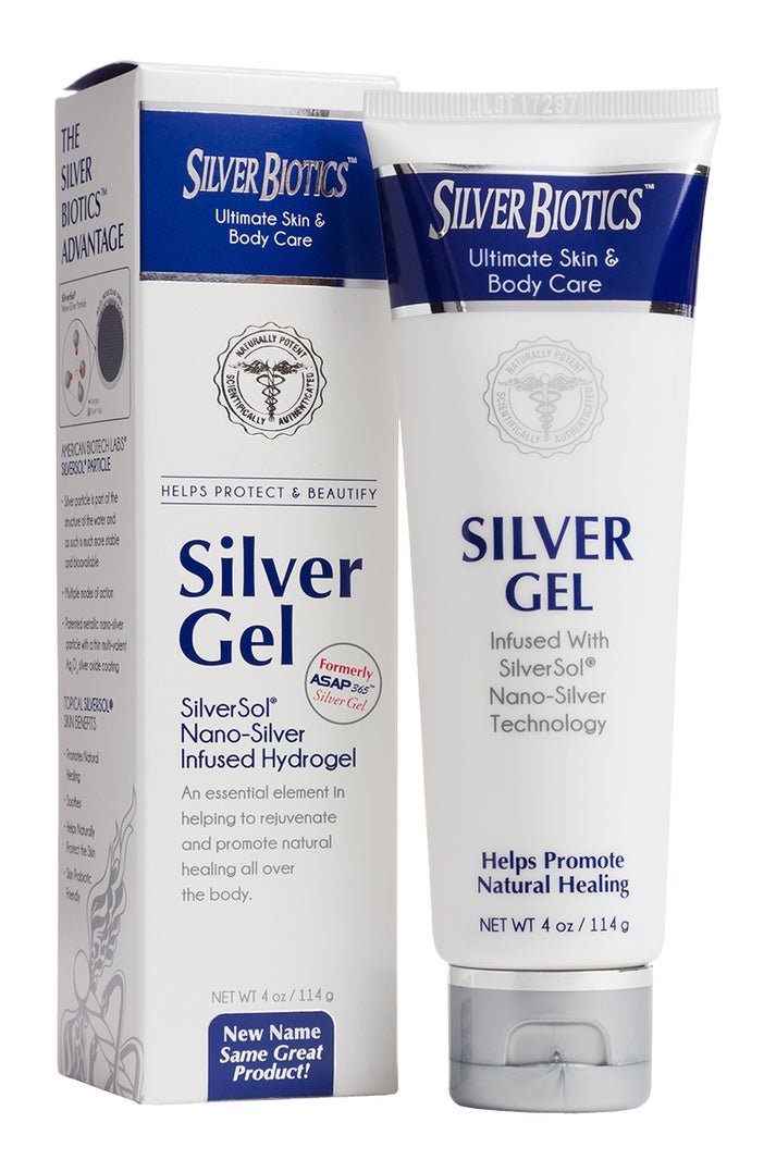 Hydrogel silver solution by WEBMHP, American Biotech Labs Silver Biotics Silver Gel 20ppm, 4 oz antibacterial gel in a jar.