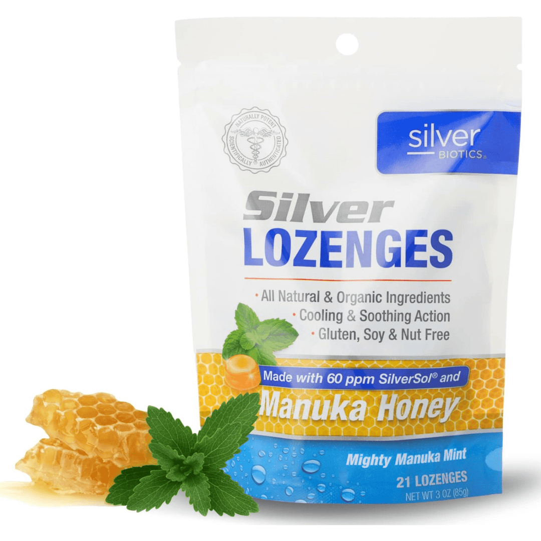 WEBMHP Hydrogel Silver Solution with Manuka Honey Lozenges, 21 count, featuring silver and honey for soothing relief.