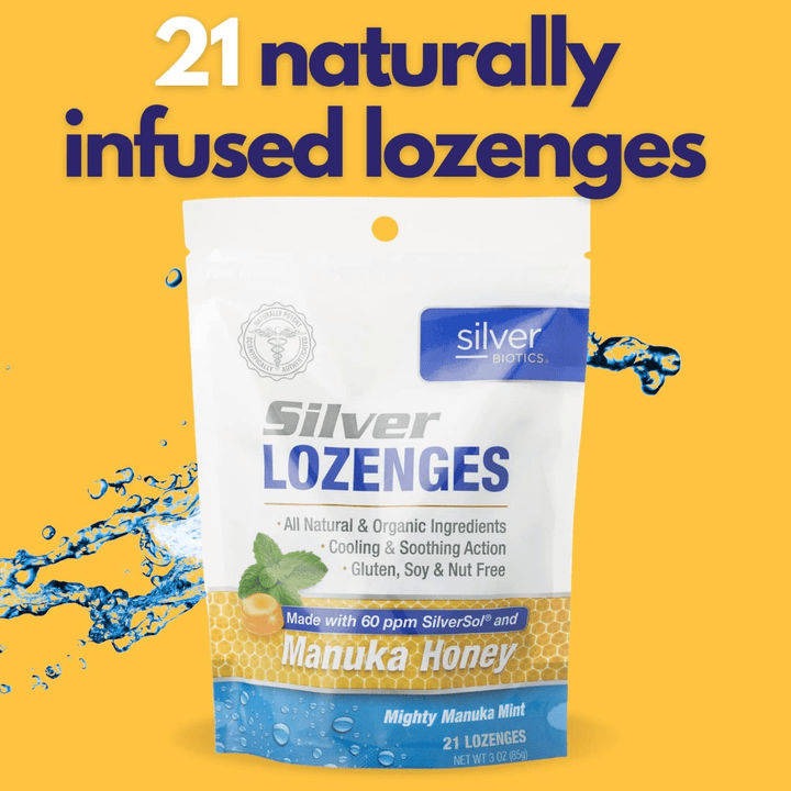 Hydrogel silver solution by WEBMHP featuring American Biotech Labs Silver Lozenges with Manuka Honey, 60ppm, 21 count.