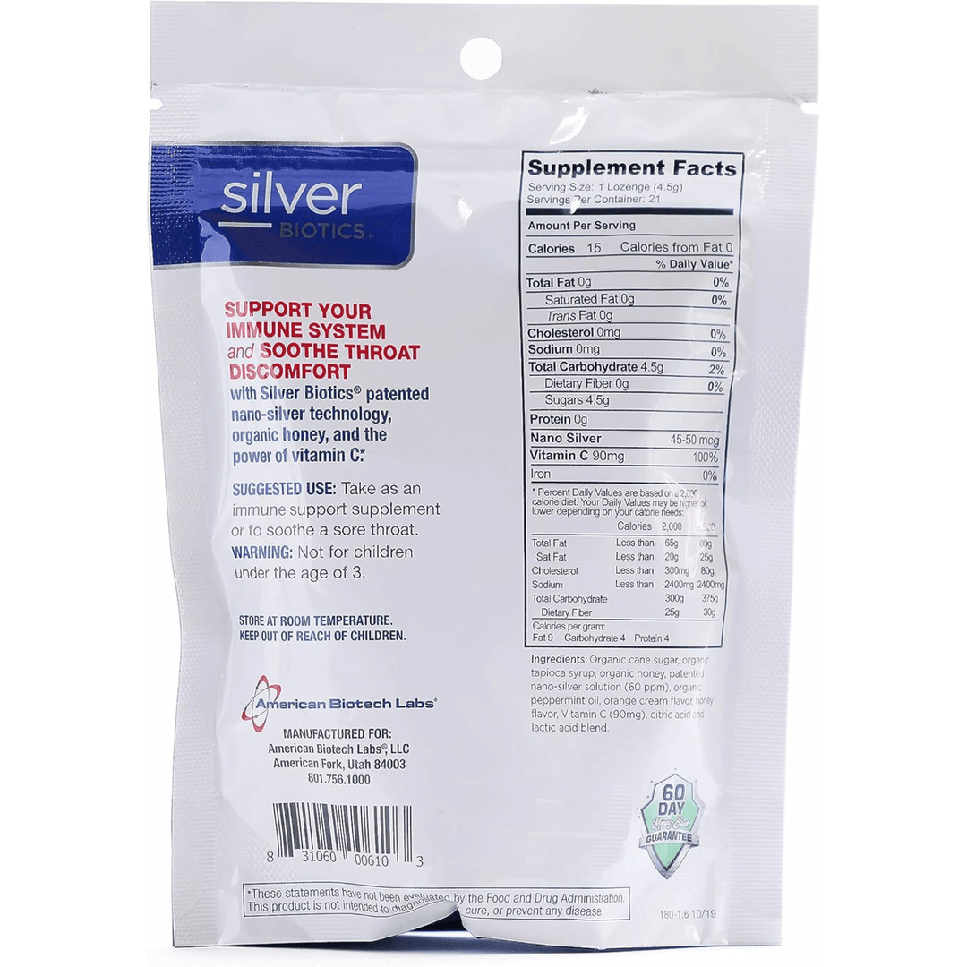 WebMHP Hydrogel Silver Solution with Vitamin C lozenges, 21-count, showcasing the packaging and silver lozenges with vitamin C.