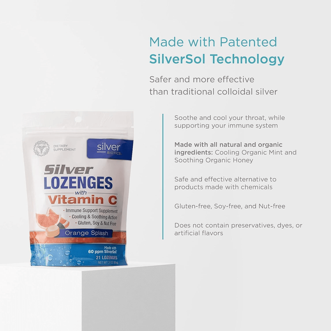 Hydrogel silver solution lozenges with Vitamin C from American Biotech Labs, 21-count package, featuring silver and vitamin C ingredients.