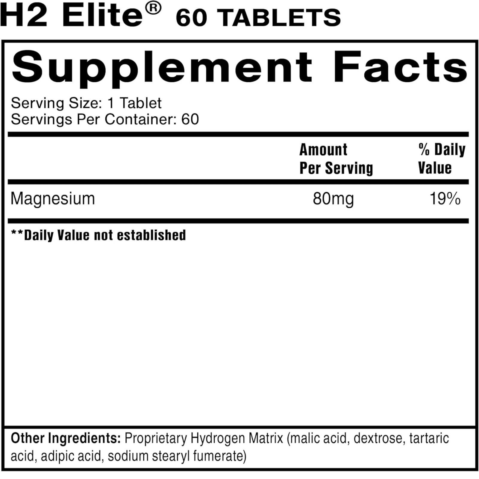 Webmhp Quicksilver Scientific H2 Elite molecular hydrogen water supplement tablets, 60-count bottle showing tablets in packaging.