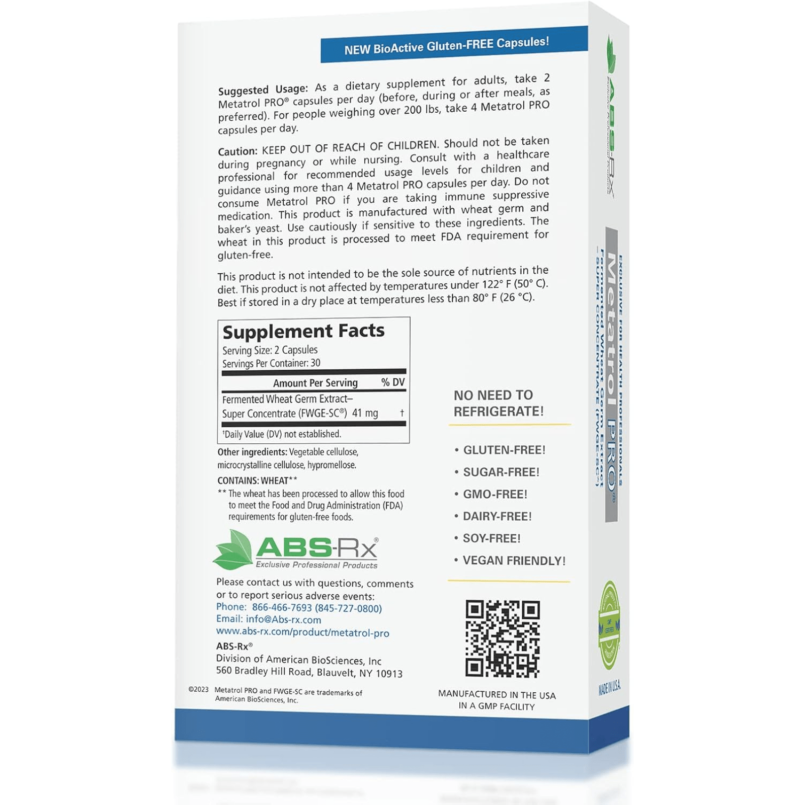 American Biosciences Metatrol Pro 60 Caps fermented wheat germ extract for immune system support, shown in a clear supplement bottle.