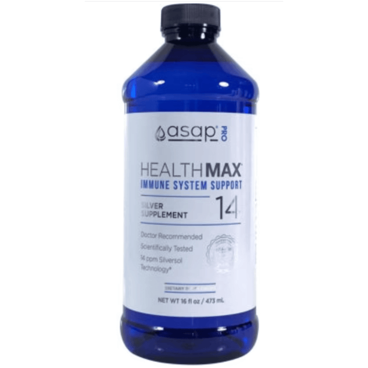 WebMHP American Biotech Labs Healthmax Silver 14ppm immune support supplement in 16oz bottle, designed for immune system support.
