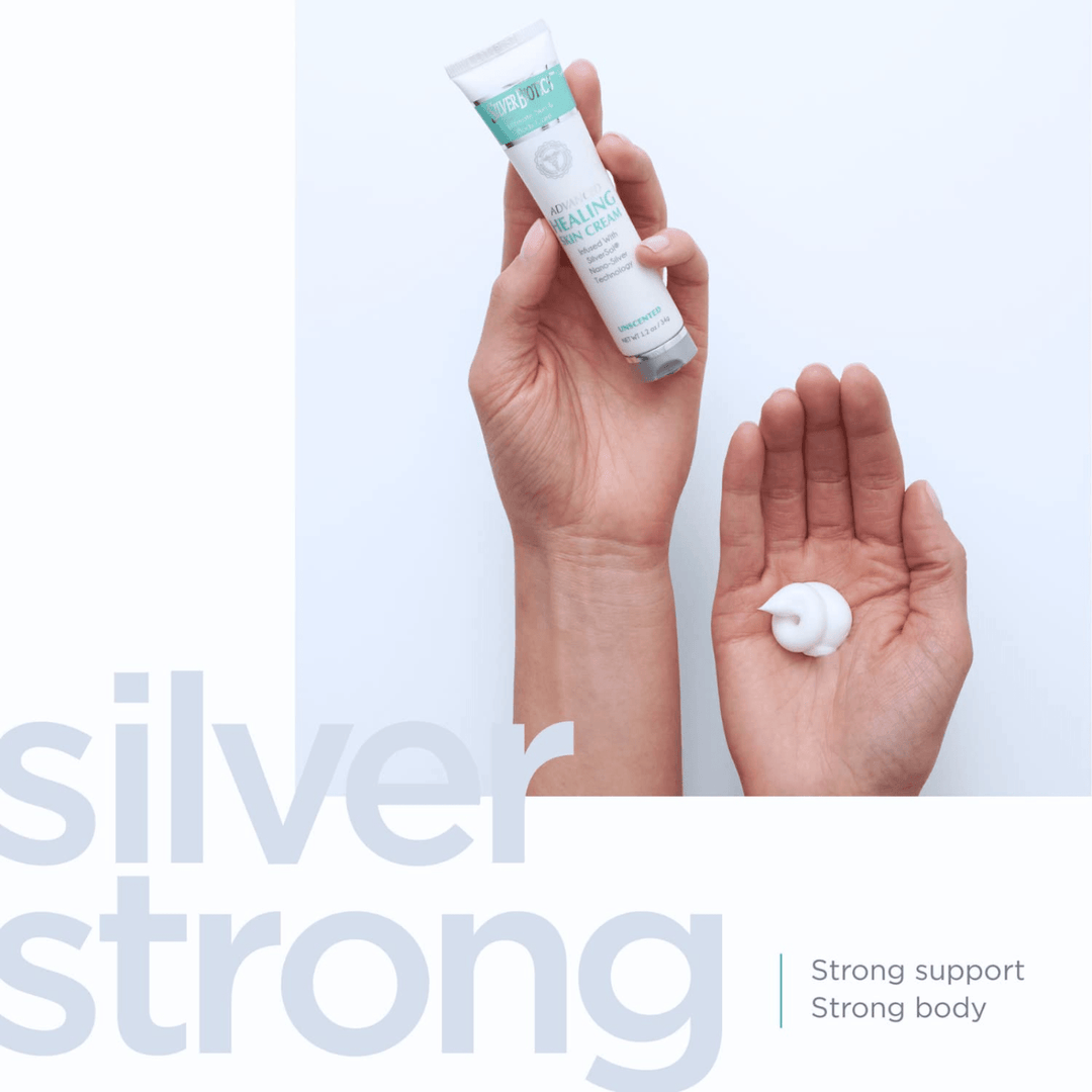 American Biotech Labs Silver Hand and Body Lotion in 1.2 oz bottle, moisturizing and hydrating skin with silver-infused lotion.