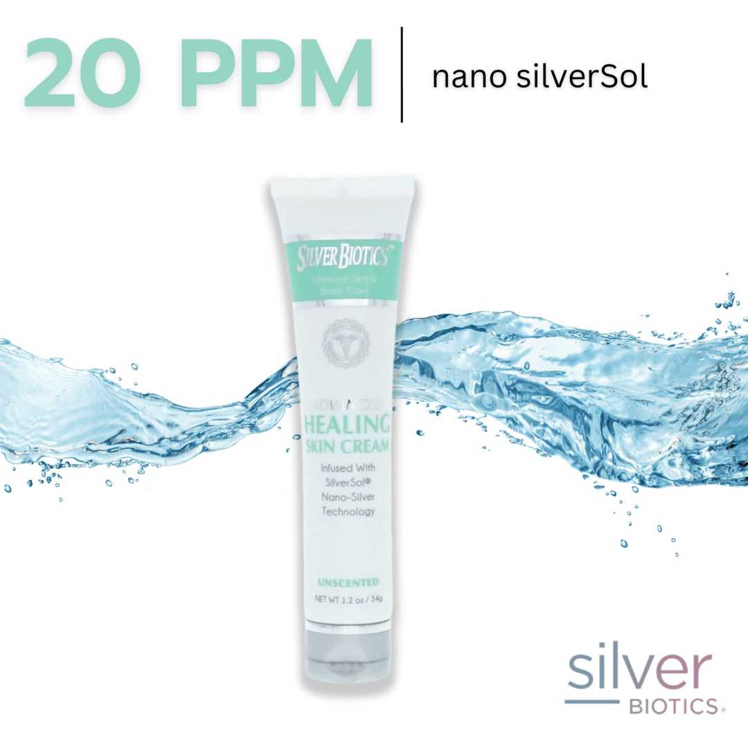 WebMHP American Biotech Labs Silver Hand and Body Lotion 1.2 oz bottle, moisturizing and hydrating skin.