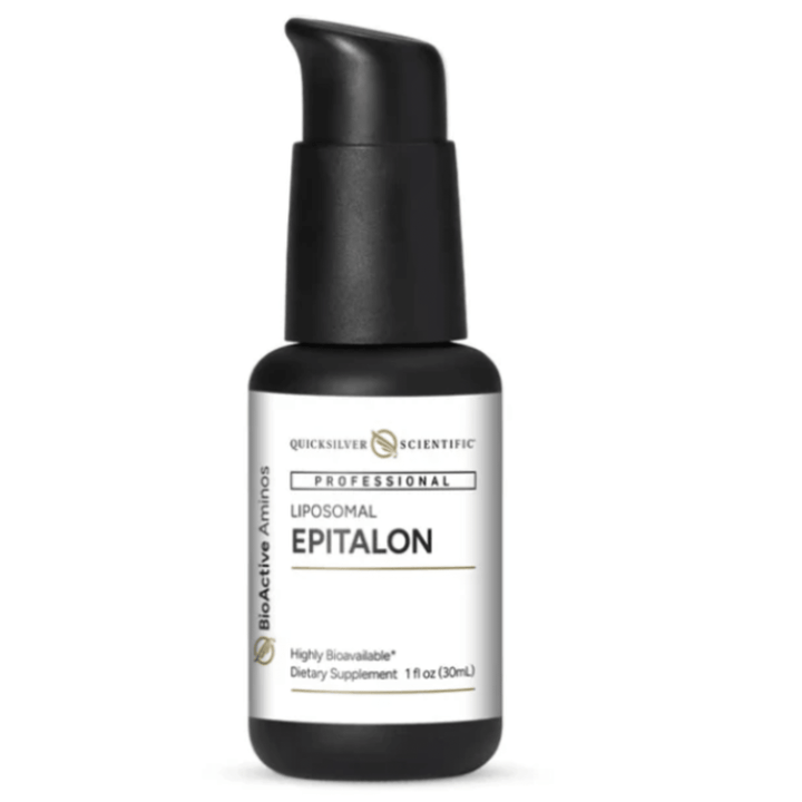 WebMHP Quicksilver Scientific Epitalon cellular support peptide serum in a 30mL bottle, showing the serum and packaging.