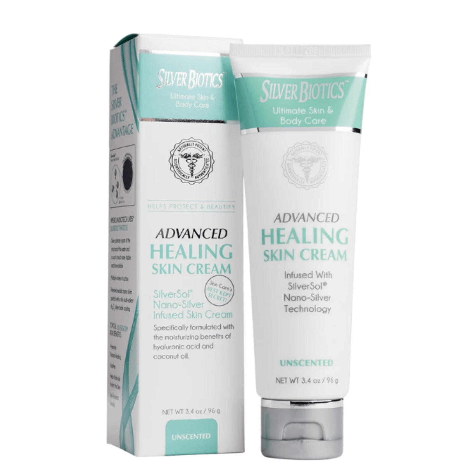 American Biotech Labs Silver Skin Cream 3.4 Oz Hydrating Soothing Skin in a tube with box.
