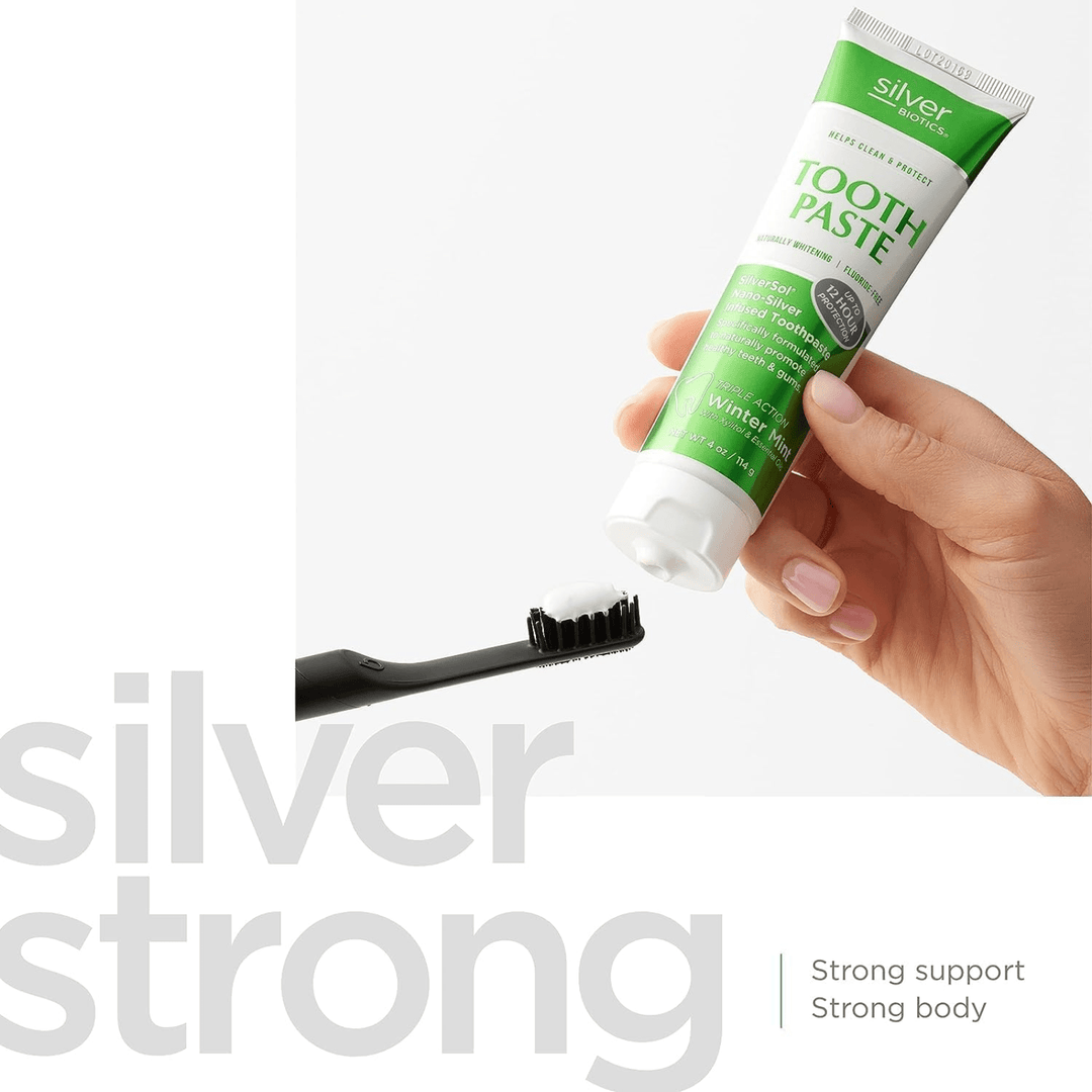 WEBMHP American Biotech Labs Silver Biotic fluoride-free toothpaste in 4 oz tube, featuring natural antibacterial ingredients.