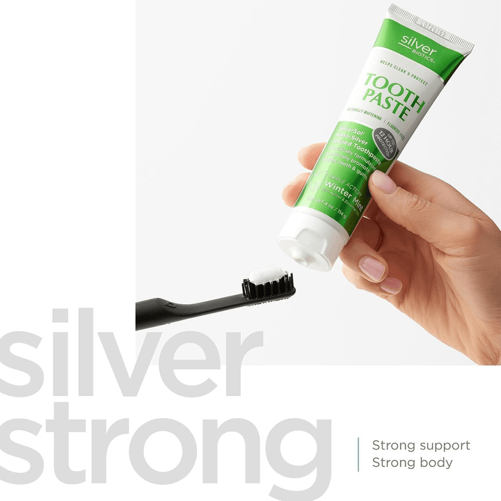 WEBMHP American Biotech Labs Silver Biotic fluoride-free toothpaste in 4 oz tube, featuring natural antibacterial ingredients.