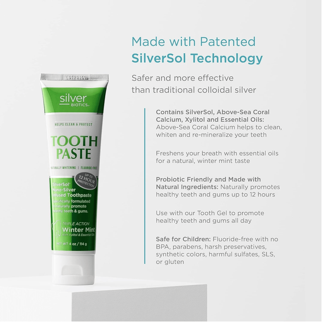 WEBMHP American Biotech Labs Silver Biotic fluoride-free toothpaste in a 4 oz tube, natural oral hygiene product with silver technology.