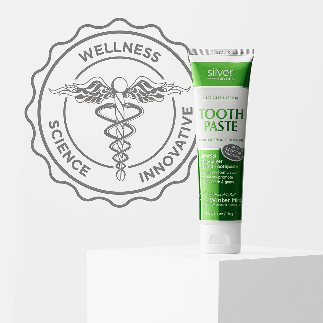 American Biotech Labs Silver Biotic fluoride-free toothpaste in 4 oz tube, natural oral care product by WEBMHP