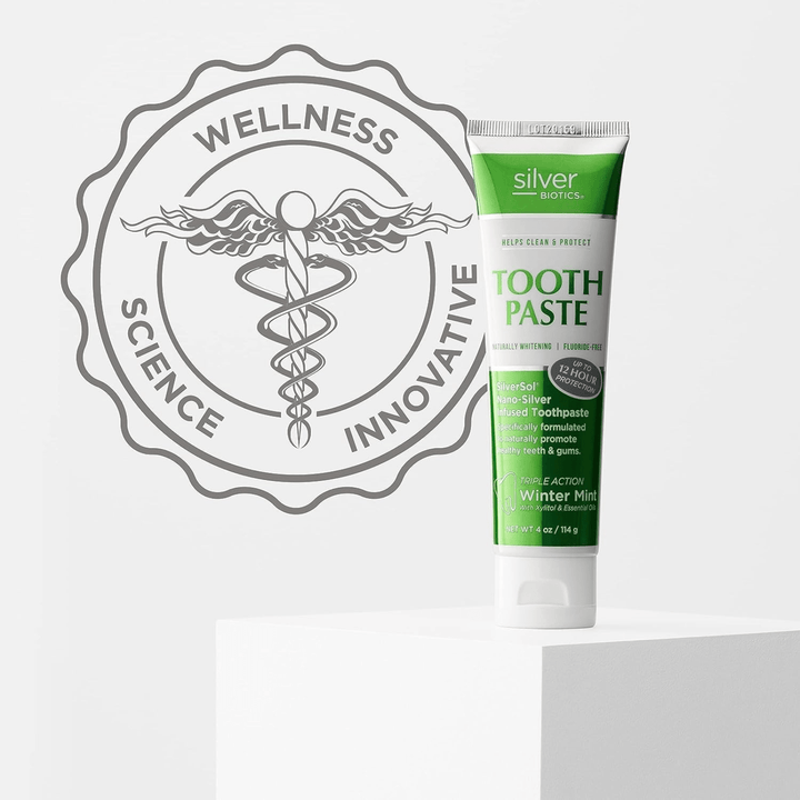 American Biotech Labs Silver Biotic fluoride-free toothpaste in 4 oz tube, natural oral care product by WEBMHP